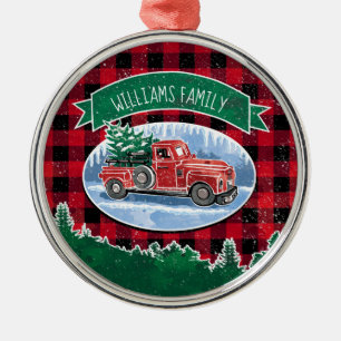 Ornement En Métal Christmas Red Truck Buffalo Plaid Ajouter Nom