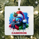 Ornement En Métal Christmas Scuba Diver Nom personnalisé<br><div class="desc">Plongez dans les fêtes avec un ornement personnalisé de plongée ! Célébrez le style sous-marin de la saison des fêtes avec ce festif ornement de plongée sous-marine, parfait pour les amateurs de plongée sous-marine ! Doté d'un plongeur sous-marin dans une combinaison rouge et verte, portant un chapeau de Santa décoré...</div>
