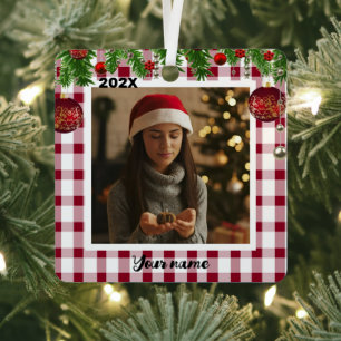 Ornement En Métal Classic Rouge blanc plaid Noël Photo Métal Orna