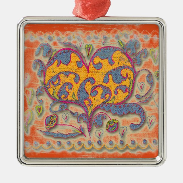 Ornement En Métal Coeur d'art populaire avec feuilles et fleurs (Devant)