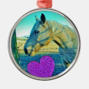 Ornement En Métal Coeur rose et Cheval jaune