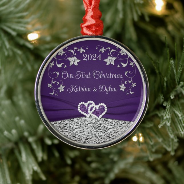 Ornement En Métal Cœurs de mariage amour gris violet 1er Noël (Arbre)