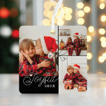 Ornement En Métal Collage photo minime joyeux Present Ruban Noir<br><div class="desc">Un beau collage photo minime ornement de Noël. Customisez avec trois de vos photos de famille préférées. Joyful est écrit dans une police de caractères moderne avec l'année et les noms sur le dos. Le cadeau parfait à offrir à votre famille pendant la saison des fêtes. Conçu par la papeterie...</div>