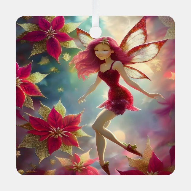 Ornement En Métal Collection de fées de Noël - Cheveux rouges Roses (Recto)