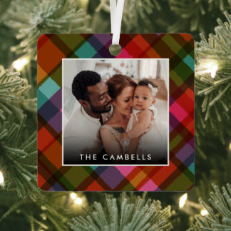 Ornement En Métal Colorful Modern Plaid Christmas Photo 
