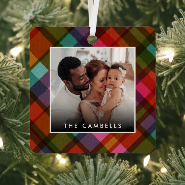 Ornement En Métal Colorful Modern Plaid Christmas Photo  (Insitu)