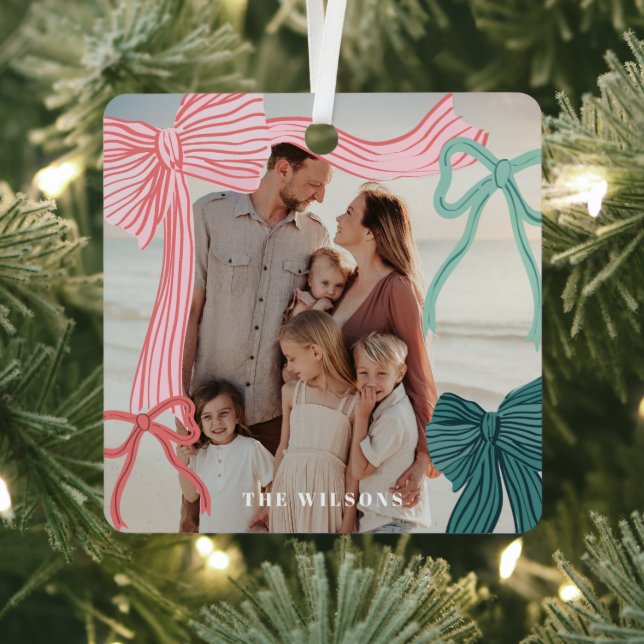 Ornement En Métal Coquette Red & Gree Bows Photo Noël (Insitu)