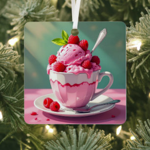 Ornement En Métal Crème glacée framboise dans une coupe de café rose