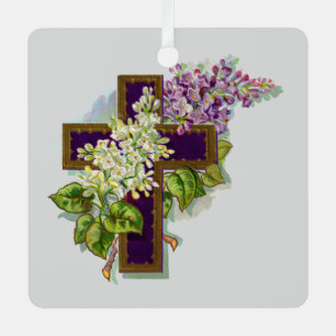 Ornement En Métal Croix Violette Et Fleurs