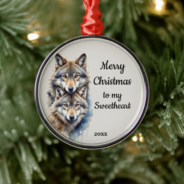 Ornement En Métal Custom Dated Christmas Wolf Sweetheart (Arbre)