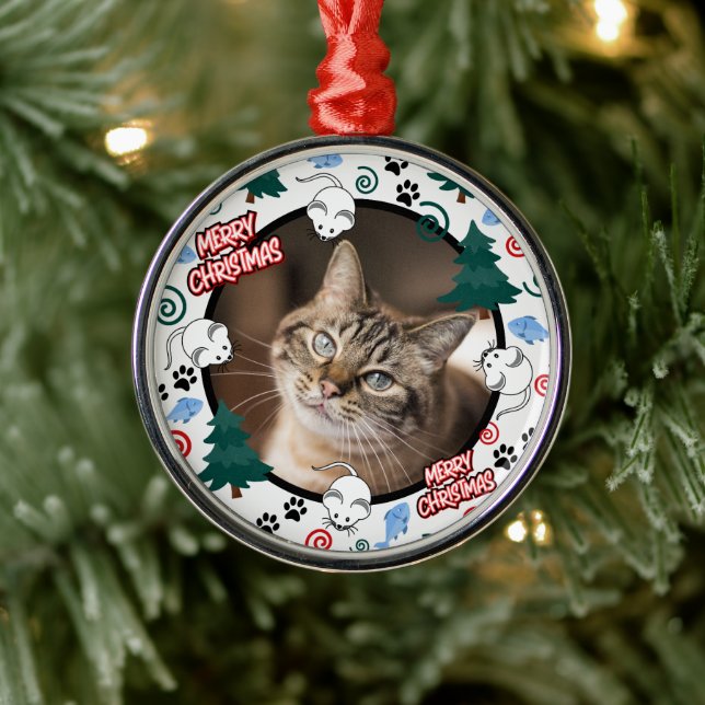 Ornement En Métal Custom Personalized Cat Pet Photo Christmas (Arbre)