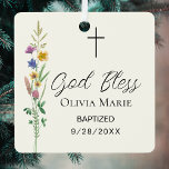Ornement En Métal Custom Photo Baptism Wildflower Ceramic<br><div class="desc">This floral Baptism photo keepsake ornament features wildflowers and a cross with stylish script typography on a soft cream background.
Easily customizable with your details and photo.
Original Watercolor © Michele Davies.</div>