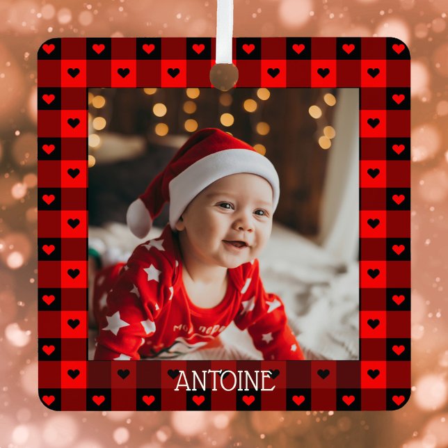 Ornement En Métal Cute Buffalo Plaid Coeurs de Noël personnalisé (Créateur téléchargé)