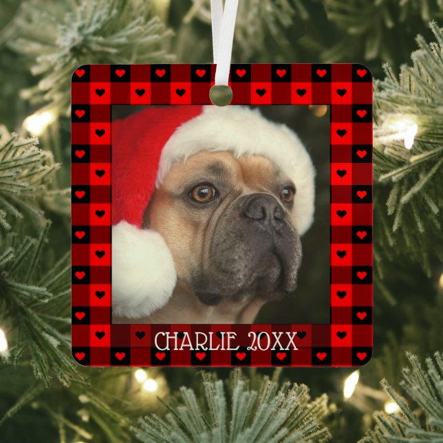 Ornement En Métal Cute Buffalo Plaid Hearts Custom Chien Animal de c (Insitu)