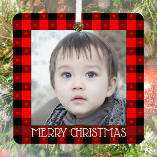 Ornement En Métal Cute Buffalo Plaid With Stars Custom Name & Photo
