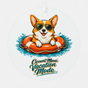 Ornement En Métal Cute Corgi "Vacation Mode" Summer Design