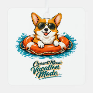 Ornement En Métal Cute Corgi "Vacation Mode" Summer Design