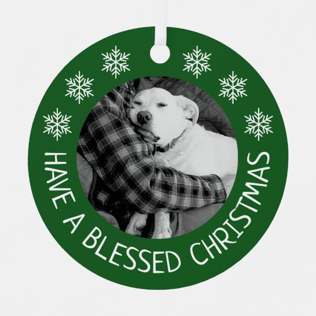 Ornement En Métal Cute Dog with Dad Photo Merry Christmas Green (Recto)