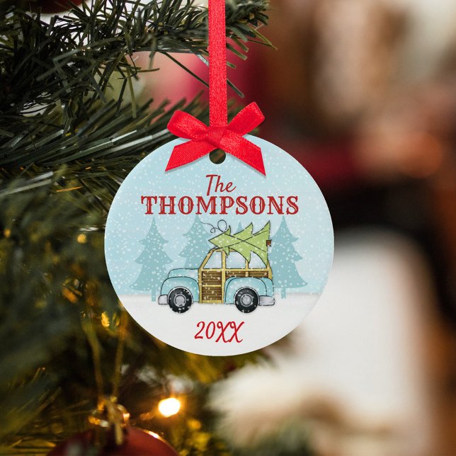 Ornement En Métal Cute famille garde de Noël personnalisé (Cute whimsical blue car Christmas tree ornament with Christmas tree. )