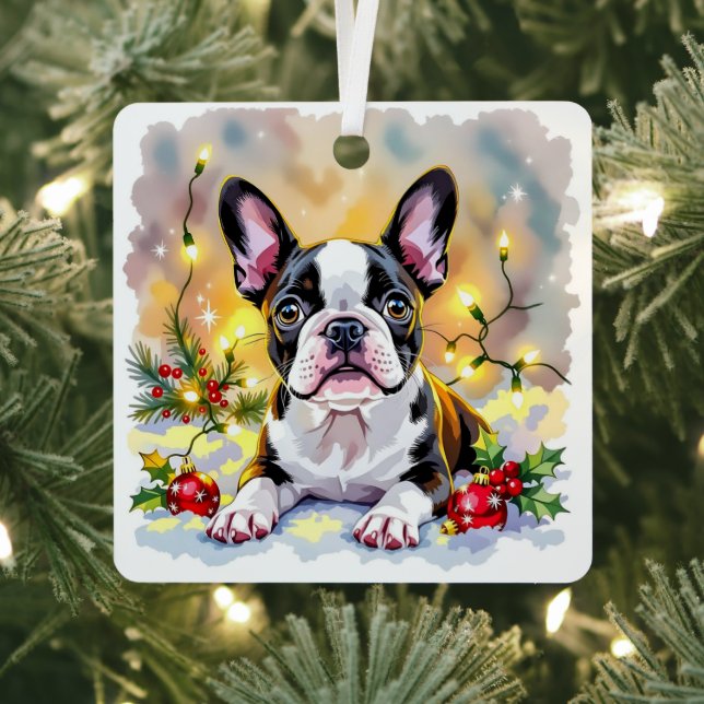 Ornement En Métal Cute Festive Boston Terrier Personalized Christmas (Insitu)