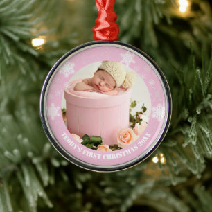 Ornement En Métal Cute pink baby's first christmas 
