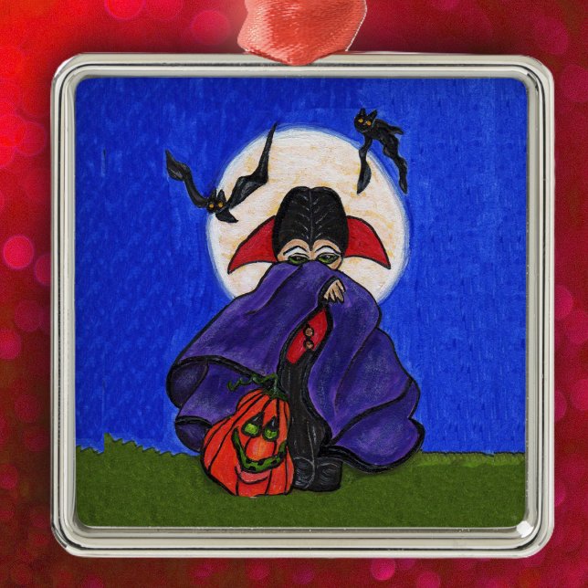 Ornement En Métal Cute Shy Little Vampire chauves-souris Lune (Cute little vampire purple cape flying bats pumpkin full moon on Halloween hanging ornament.)