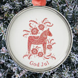 Ornement En Métal Dala suédois Cheval Dieu Jul<br><div class="desc">Peinture rouge et blanche festive d'un Cheval de Dala suédois. Changez ou supprimez le salut de Dieu juil pour customiser. Art original de Nic Squirrell.</div>