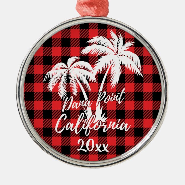 Ornement En Métal Dana Point California Beach Palm Tree Red Plaid (Devant)