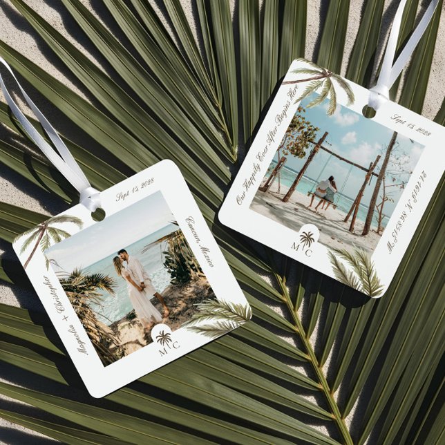 Ornement En Métal Destination Mariage Lune de miel Photo Palm Tropic (Destination Wedding Honeymoon Tropical Palm Photo Metal Ornament)