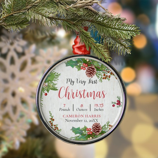 Ornement En Métal Détails de naissance du premier bébé rustique (Créateur téléchargé)