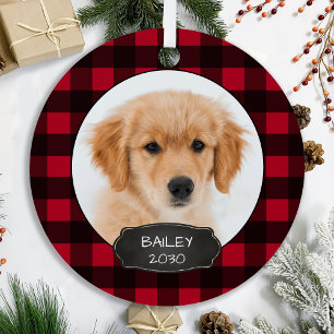 Ornement En Métal Dog Rustic Red Plaid Christmas Puppy Pet Photo  Me