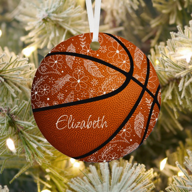 Ornement En Métal doodle fleurs plumes paislies boho basketball (Insitu)