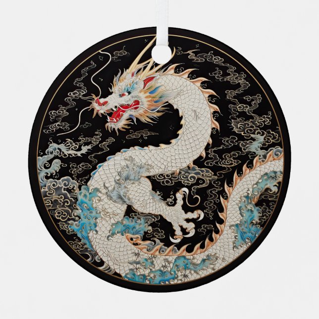 Ornement En Métal Dragon asiatique blanc et nuages (Recto)