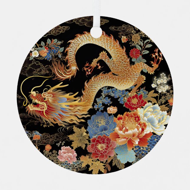 Ornement En Métal Dragon et pivoines chinois (Recto)