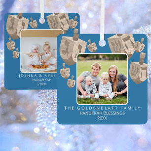 Ornement En Métal Dreidel Rustic Chêne 2 Photo Hanoukka à double fac