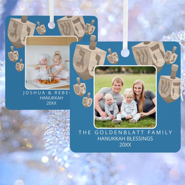 Ornement En Métal Dreidel Rustic Chêne 2 Photo Hanoukka à double fac (Personalize these Hanukkah photo ornaments the same on both sides or use the two photo & text option)