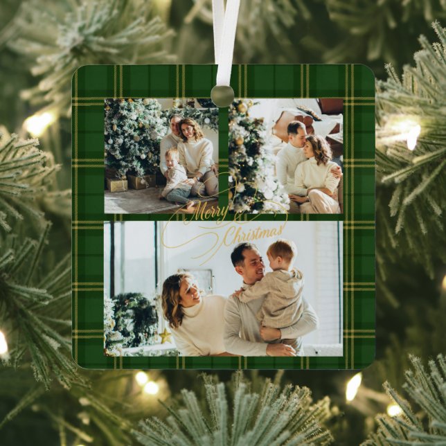 Ornement En Métal Elegant Green Tartan Family Photo Christmas Card (Insitu)