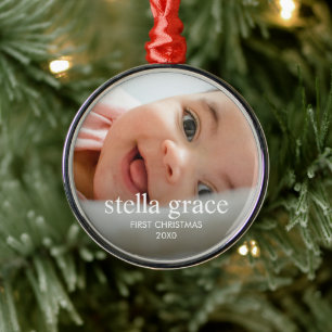Ornement En Métal Élégant Minimaliste Premier Noël de Bébé Photo