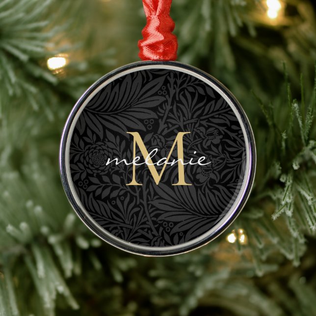 Ornement En Métal Élégant noir floral or Script Monogramme (Arbre)