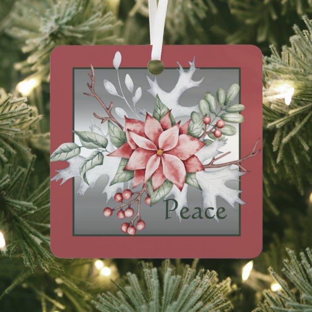 Ornement En Métal Elégant poinsettia aquarelle personnalisée Noël (Insitu)