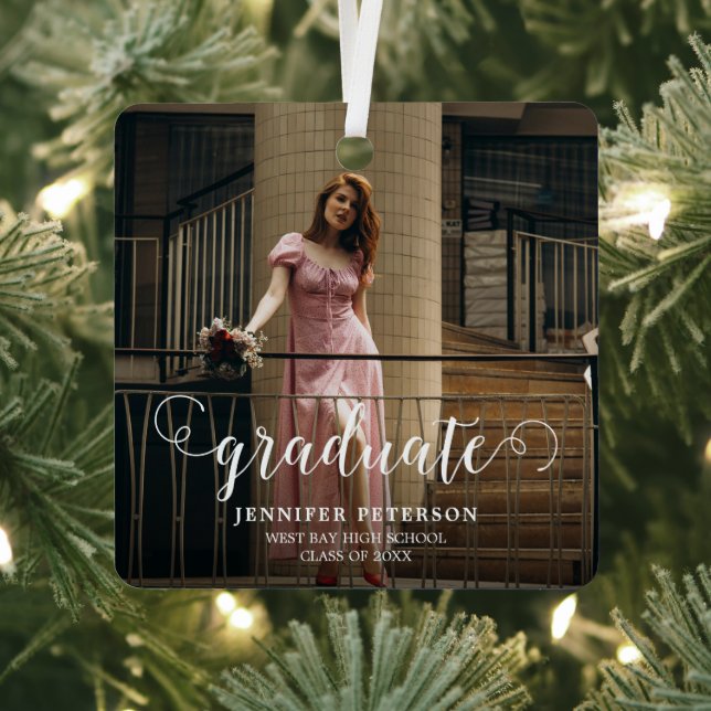 Ornement En Métal Élégant script blanc moderne photo Graduation (Insitu)