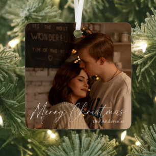 Ornement En Métal Élégant script moderne Couple Photo Joyeux Noël