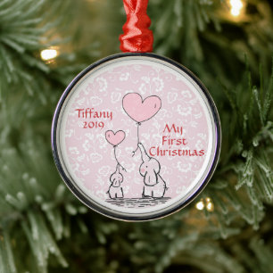Ornement En Métal Éléphant Rose Mère Et Bébé - Mon Premier Noël