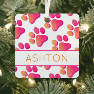 Ornement En Métal Empreintes de pattes rose orange NOM DE L'ANIMAL C