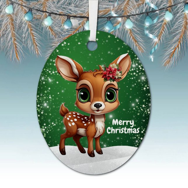 Ornement En Métal Enchanting Young Buck Starry Green Whimsical  🎄🦌 (Enchanting young buck starry green ornament, cute floral baby deer woodland wildlife gift tag 🦌🎄)