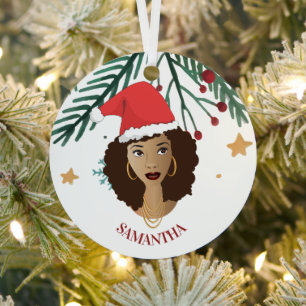 Ornement En Métal Femme noire, Chapeau rouge Noël, Arbre, Étoiles