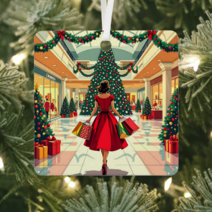 Ornement En Métal Femme Rétro Drôle Faisant du Shopping pour Noël au