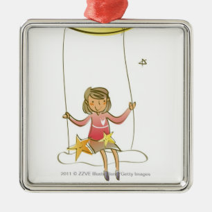 Ornement En Métal Fille balançant sur une corde pendant du croissant