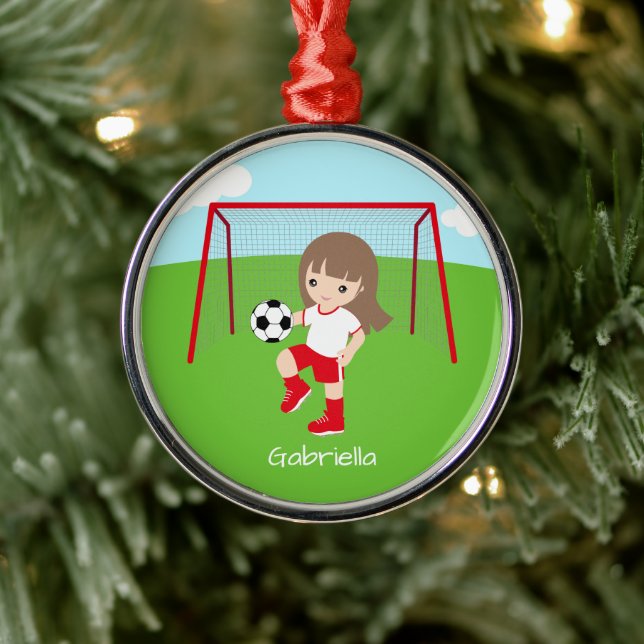 Ornement En Métal Fille de soccer Brown haïe personnalisée Noël (Arbre)