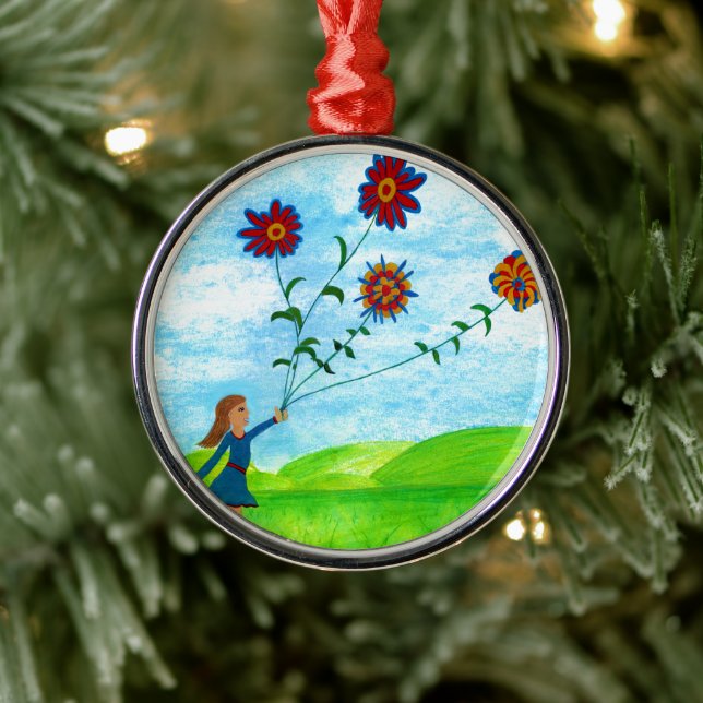 Ornement En Métal Fille mignonne avec Fleurs Rétro (Arbre)